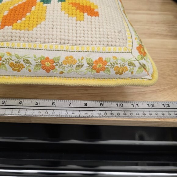 Vintage Needlepoint Floral Throw Pillow Yellow 12x15in Approx - Picture 6 of 7